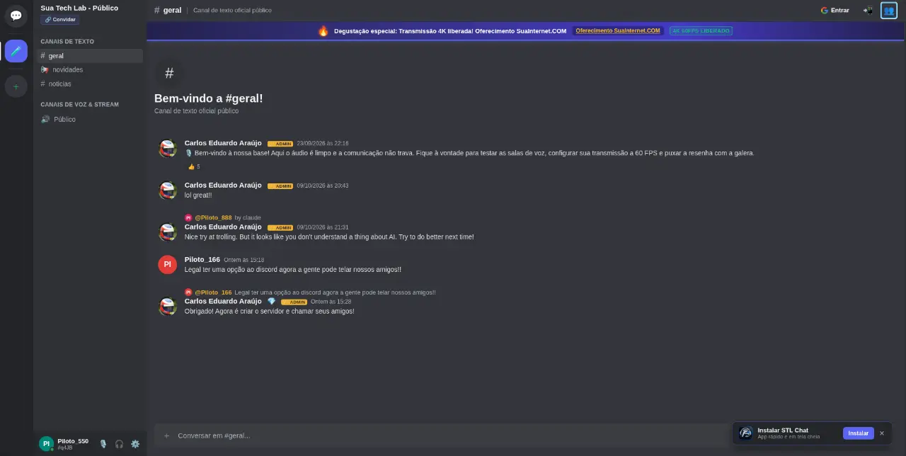 Sua Tech Lab - Chat (Plataforma Self-Hosted de Voz, Streaming 60 FPS & Chat E2EE)